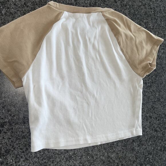 Forever 21 cropped raglan tee, 'Liberty Motors '88' graphic. Size M, white/tan, - Picture 7 of 7